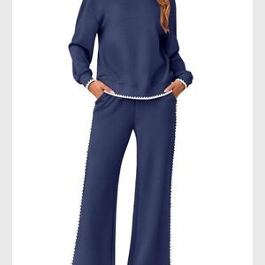 WOMEN'S 2 PIECE SWEATSUIT SET CREWNECK SWEATSHIRT WID LEG SWEATPANTS L scalloped